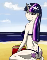 Size: 1172x1500 | Tagged: suggestive, artist:hellbeholder, banned from derpibooru, deleted from derpibooru, derpibooru import, twilight sparkle, human, beach, bikini, breasts, clothes, horn, horned humanization, humanized, solo, swimsuit