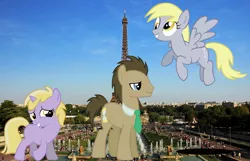 Size: 1115x717 | Tagged: safe, artist:somerandomminion, banned from derpibooru, deleted from derpibooru, derpibooru import, derpy hooves, dinky hooves, doctor whooves, time turner, human, pony, eiffel tower, france, giant pony, irl, macro, necktie, paris, people, photo, ponies in real life