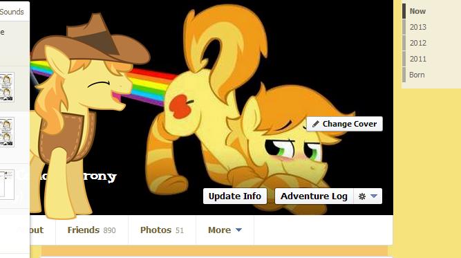 Size: 667x373 | Tagged: suggestive, artist:nannurs, banned from derpibooru, deleted from derpibooru, derpibooru import, screencap, braeburn, clothes, facebook, fart, pink floyd, ponyhoof, rainbow, socks, striped socks, timeline