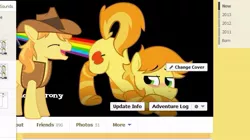 Size: 667x373 | Tagged: suggestive, artist:nannurs, banned from derpibooru, deleted from derpibooru, derpibooru import, screencap, braeburn, clothes, facebook, fart, pink floyd, ponyhoof, rainbow, socks, striped socks, timeline