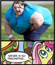 Size: 396x470 | Tagged: safe, banned from derpibooru, deleted from derpibooru, derpibooru import, fluttershy, human, bbw, exploitable meme, fat, meme, morbidly obese, nature is so fascinating, obese, obligatory pony, ssbbw, text