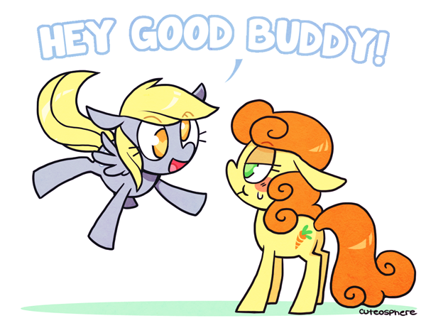 Size: 600x462 | Tagged: safe, banned from derpibooru, deleted from derpibooru, derpibooru import, carrot top, derpy hooves, golden harvest, blushing, derpytop, dialogue, female, lesbian, shipping