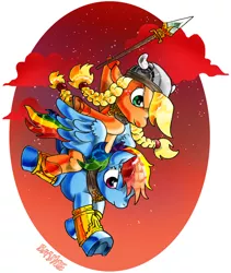 Size: 759x900 | Tagged: safe, banned from derpibooru, deleted from derpibooru, derpibooru import, applejack, rainbow dash, armor, viking, weapon