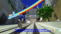 Size: 1184x666 | Tagged: safe, artist:mariovssonic2008, banned from derpibooru, deleted from derpibooru, derpibooru import, rainbow dash, caption, city escape, crossover, gun truck, image, image macro, png, song reference, sonic adventure 2, sonic generations, sonic the hedgehog, sonic the hedgehog (series), text