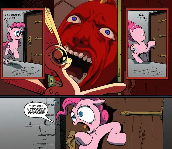 Size: 945x821 | Tagged: grimdark, banned from derpibooru, deleted from derpibooru, derpibooru import, idw, pinkie pie, behelit, berserk, comic, exploitable meme, meme, obligatory pony, surprise door