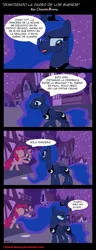 Size: 724x1878 | Tagged: safe, artist:silverslinger, banned from derpibooru, deleted from derpibooru, derpibooru import, pinkie pie, princess luna, comic, dream walker luna, no face, spanish, translation