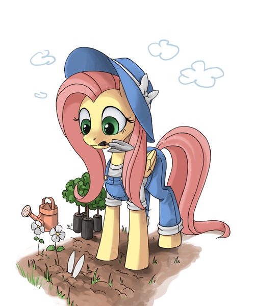 Size: 1000x1200 | Tagged: safe, artist:ponykillerx, banned from derpibooru, deleted from derpibooru, derpibooru import, angel bunny, fluttershy, buried, clothes, flower, gardening, hat, mouth hold, overalls, trowel, watering can