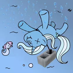 Size: 473x473 | Tagged: grimdark, artist:megasweet, banned from derpibooru, deleted from derpibooru, derpibooru import, edit, trixie, brick, dead, underwater