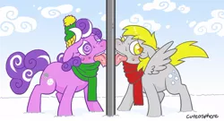 Size: 700x377 | Tagged: safe, banned from derpibooru, deleted from derpibooru, derpibooru import, derpy hooves, screwball, clothes, lamppost, scarf, scarves, stuck, swirly eyes, winter