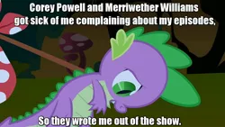 Size: 1280x720 | Tagged: safe, banned from derpibooru, deleted from derpibooru, derpibooru import, edit, spike, owl's well that ends well, drama, image, jpeg, spike drama, text edit