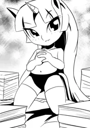 Size: 750x1061 | Tagged: suggestive, artist:kabutoro, banned from derpibooru, deleted from derpibooru, derpibooru import, twilight sparkle, anthro, ambiguous facial structure, belly button, book, clothes, kneeling, lolicon, monochrome, panties, partial nudity, smiling, topless, underage, underwear, young