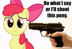 Size: 725x500 | Tagged: safe, artist:the-crusius, banned from derpibooru, deleted from derpibooru, derpibooru import, edit, apple bloom, bronybait, caption, gun, image macro, national lampoon, parody, sad, text, weapon