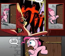 Size: 945x821 | Tagged: safe, banned from derpibooru, deleted from derpibooru, derpibooru import, idw, pinkie pie, dc comics, doom patrol, exploitable meme, meme, obligatory pony, scissormen, surprise door