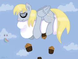 Size: 604x453 | Tagged: safe, artist:hollyhooves, banned from derpibooru, deleted from derpibooru, derpibooru import, derpy hooves, cloud, food, muffin, nap, sleeping, solo