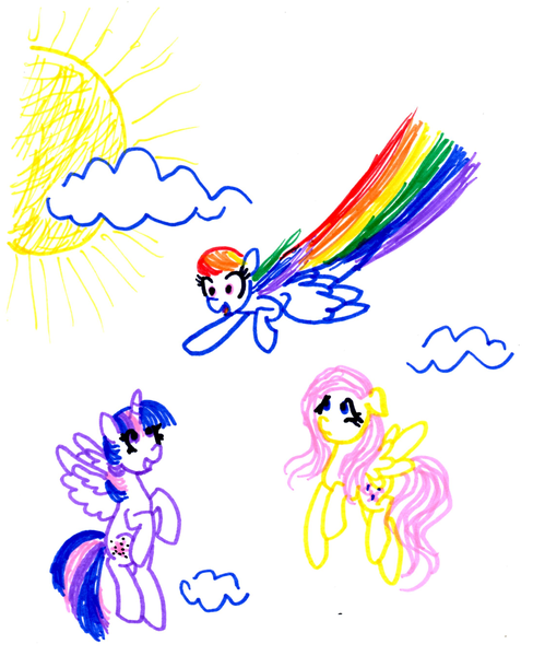 Size: 2180x2680 | Tagged: safe, artist:wertyla, banned from derpibooru, deleted from derpibooru, derpibooru import, fluttershy, rainbow dash, twilight sparkle, alicorn, cloud, flying, sun, twilight sparkle (alicorn)