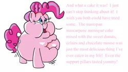 Size: 787x442 | Tagged: safe, artist:applelight limited, banned from derpibooru, deleted from derpibooru, derpibooru import, pinkie pie, mmmystery on the friendship express, aftermath, bloated, chubby cheeks, fat, obese, piggy pie, pudgy pie, solo, weight gain