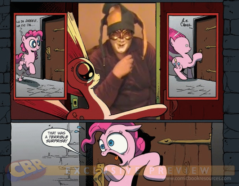 Size: 900x700 | Tagged: safe, banned from derpibooru, deleted from derpibooru, derpibooru import, pinkie pie, exploitable meme, meme, nightmare fuel, obligatory pony, peckcellavonpeter, surprise door, troll