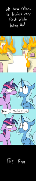 Size: 700x3496 | Tagged: safe, artist:karpet-shark, banned from derpibooru, deleted from derpibooru, derpibooru import, trixie, twilight sparkle, winter wrap up, april fools, ask-twilight-and-trixie, comic, fire, snow, you had one job