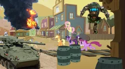 Size: 1267x701 | Tagged: safe, artist:samaritan, banned from derpibooru, deleted from derpibooru, derpibooru import, edit, applejack, berry punch, berryshine, fluttershy, twilight sparkle, oc, pony, appleloosa, background pony, battlemech, battletech, camospecs, crossover, gimp, mwo, stryker