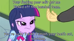 Size: 1194x670 | Tagged: grimdark, banned from derpibooru, deleted from derpibooru, derpibooru import, flash sentry, twilight sparkle, equestria girls, abuse, brad, comic sans, douchebrad, implications, out of context, text, twilybuse, unamused, vulgar