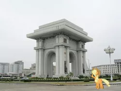 Size: 2845x2133 | Tagged: safe, artist:laopokia, banned from derpibooru, deleted from derpibooru, derpibooru import, applejack, pony, arch of triumph, building, car, irl, north korea, photo, ponies in real life, vector