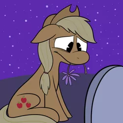 Size: 700x700 | Tagged: safe, artist:karpet-shark, banned from derpibooru, deleted from derpibooru, derpibooru import, applejack, applejack's parents, flower, grave, gravestone, mouth hold, night, sad, solo