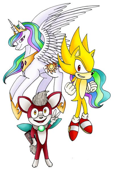 Size: 731x1092 | Tagged: safe, banned from derpibooru, deleted from derpibooru, derpibooru import, princess celestia, chip, crossover, image, jpeg, photoshop, sonic the hedgehog, sonic the hedgehog (series), super sonic