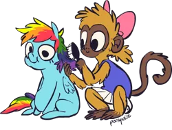 Size: 500x380 | Tagged: safe, artist:uglyfun, banned from derpibooru, deleted from derpibooru, derpibooru import, rainbow dash, monkey, fanfic:my little dashie, rainbow dash presents, brush, brushie, lefonda, petirep, style emulation, tubby wubby pony waifu