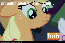 Size: 480x320 | Tagged: suggestive, banned from derpibooru, deleted from derpibooru, derpibooru import, applejack, sweetie belle, sisterhooves social, caption, hub logo, image macro, pornhub, text