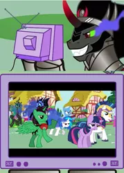 Size: 431x601 | Tagged: semi-grimdark, banned from derpibooru, deleted from derpibooru, derpibooru import, king sombra, nightmare moon, queen chrysalis, shining armor, trixie, twilight sparkle, vinyl scratch, oc, pony creator, bad end, damaged, defeated, exploitable meme, fear, hate, meme, obligatory pony, pony creator abuse, sad, the green and mary sue lord, tv meme