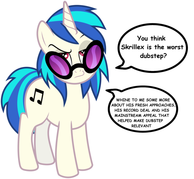 Size: 1950x1800 | Tagged: safe, banned from derpibooru, deleted from derpibooru, derpibooru import, edit, vinyl scratch, dubstep, music snob vinyl, reaction image, skrillex, solo, unamused