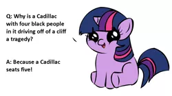 Size: 1194x668 | Tagged: safe, banned from derpibooru, deleted from derpibooru, derpibooru import, twilight sparkle, exploitable meme, female, filly, filly twilight sparkle, filly twilight telling an offensive joke, forced meme, funny, joke, meme, obligatory pony, racism, younger