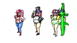 Size: 787x442 | Tagged: safe, artist:applelight limited, banned from derpibooru, deleted from derpibooru, derpibooru import, gummy, pinkie pie, human, belly button, bikini, breasts, chubby, cleavage, clothes, fat, female, humanized, magician, muffin top, pool toy, pudgy pie, suspenders, swimsuit, tuxedo