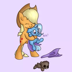 Size: 1024x1024 | Tagged: safe, artist:bakasan, banned from derpibooru, deleted from derpibooru, derpibooru import, applejack, trixie, earth pony, pony, unicorn, the little magician, adorable distress, ask, bipedal, cape, clothes, cute, diatrixes, doll, eyes closed, female, filly, filly trixie, floppy ears, frown, gradient background, hape, hat, help, holding a pony, hug, mare, open mouth, put me down, smiling, teddy bear, toy, trixie's cape, trixie's hat, tumblr, wide eyes, younger