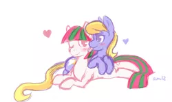 Size: 1280x762 | Tagged: safe, artist:amnestie, banned from derpibooru, deleted from derpibooru, derpibooru import, blossomforth, cloud kicker, fanfic:the life and times of a winning pony, winningverse, blushing, cloudforth, female, heart, lesbian, licking, shipping, tongue out