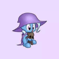 Size: 1024x1024 | Tagged: safe, artist:bakasan, banned from derpibooru, deleted from derpibooru, derpibooru import, trixie, pony, unicorn, the little magician, :p, cute, female, filly, filly trixie, frown, gradient background, hug, mare, simple background, sitting, solo, teddy bear, tongue out, younger