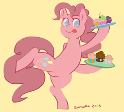 Size: 1280x1158 | Tagged: safe, artist:amnestie, banned from derpibooru, deleted from derpibooru, derpibooru import, pinkie pie, cupcake, food, platter, simple background, solo, waitress