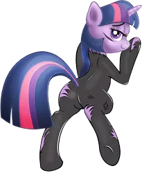 Size: 1490x1816 | Tagged: suggestive, artist:ifoxtrax, banned from derpibooru, deleted from derpibooru, derpibooru import, twilight sparkle, butt, catsuit, clothes, female, future twilight, plot, simple background, solo, solo female, torn clothes, transparent background