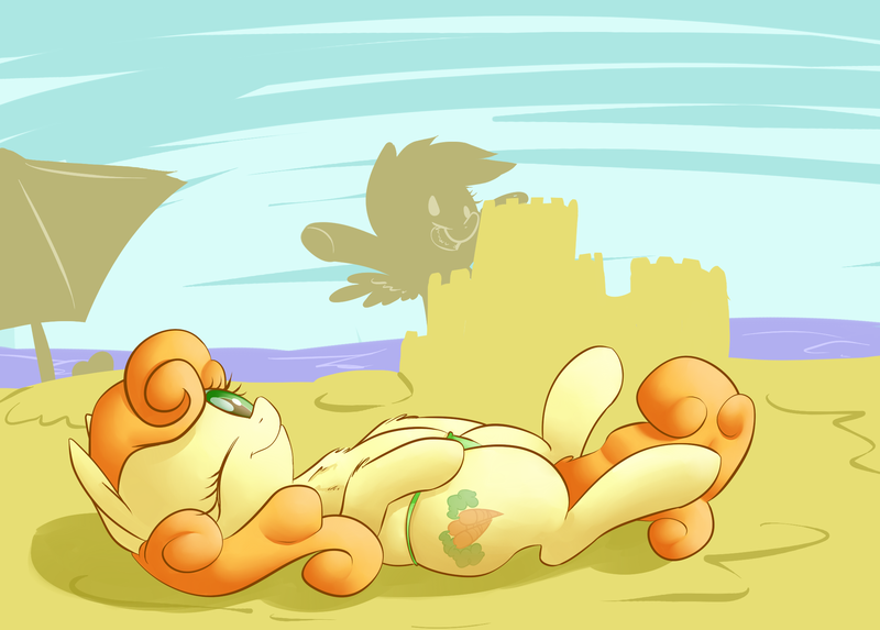 Size: 2067x1481 | Tagged: safe, artist:handsockz, banned from derpibooru, deleted from derpibooru, derpibooru import, carrot top, derpy hooves, golden harvest, pegasus, pony, beach, bikini, clothes, female, mare, one eye closed, swimsuit, wink