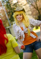 Size: 721x1024 | Tagged: safe, banned from derpibooru, deleted from derpibooru, derpibooru import, apple bloom, applejack, human, clothes, cosplay, costume, irl, irl human, photo