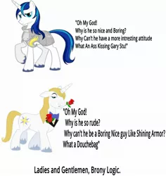 Size: 2000x2123 | Tagged: safe, banned from derpibooru, deleted from derpibooru, derpibooru import, prince blueblood, shining armor, douchebag, gary stu, logic, mary sue, op may have a point, text