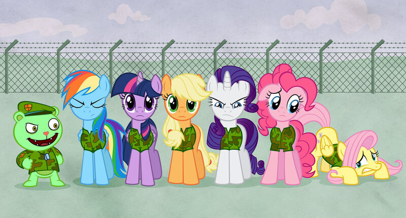 Size: 1024x551 | Tagged: safe, artist:culu-bluebeaver, banned from derpibooru, deleted from derpibooru, derpibooru import, applejack, fluttershy, pinkie pie, rainbow dash, rarity, twilight sparkle, twilight sparkle (alicorn), alicorn, earth pony, pegasus, pony, unicorn, army, clothes, crossover, flippy, fliqpy, floppy ears, happy tree friends, hatless, image, jpeg, mane six, military, missing accessory, rainbow dash is not amused, rarity is not amused, scared, this will end in death, this will end in tears, this will end in tears and/or death, unamused, uniform