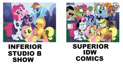 Size: 1886x980 | Tagged: safe, banned from derpibooru, deleted from derpibooru, derpibooru import, idw, applejack, fluttershy, pinkie pie, rainbow dash, rarity, twilight sparkle, background pony strikes again, comparison, daenerys targaryen, drama, game of thrones, gangnam style, harry potter, mane six, nicolas cage, official comic, psy, sonic the hedgehog (series), warner brothers, you don't say, y u no