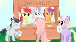 Size: 1280x720 | Tagged: source needed, safe, artist:jbond, banned from derpibooru, deleted from derpibooru, derpibooru import, apple bloom, dinky hooves, rumble, scootaloo, sweetie belle, oc, cutie mark crusaders, drink, glass, juice, lemonade, lemonade stand