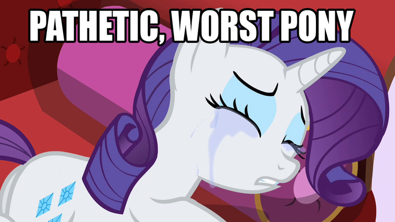 Size: 1280x720 | Tagged: safe, banned from derpibooru, deleted from derpibooru, derpibooru import, rarity, background pony strikes again, caption, crying, image macro, solo, text, worst pony