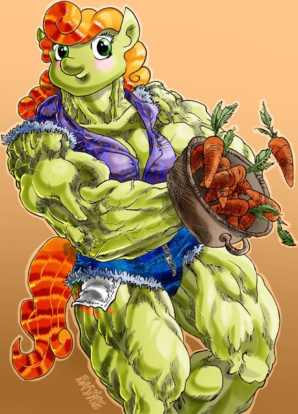 Size: 938x1300 | Tagged: suggestive, banned from derpibooru, deleted from derpibooru, derpibooru import, carrot top, golden harvest, anthro, breasts, busty carrot top, muscles