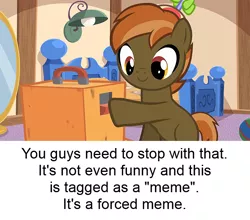 Size: 640x562 | Tagged: safe, artist:jan, banned from derpibooru, deleted from derpibooru, derpibooru import, button mash, background pony strikes again, critic, exploitable meme, forced meme, forced meme meme, meme, sticker, stop having fun guy, text, trolling
