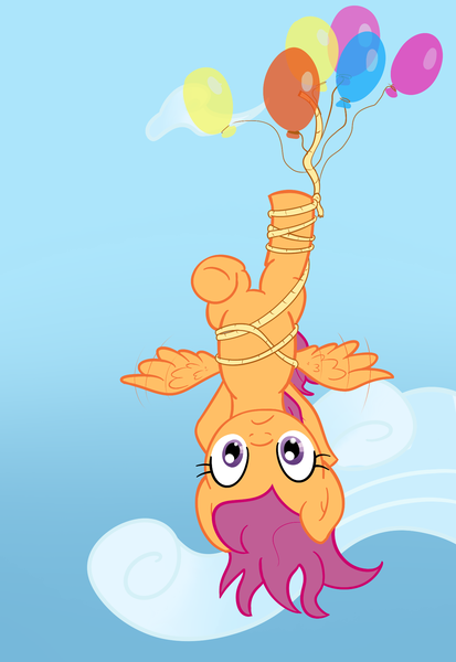 Size: 1376x2000 | Tagged: dead source, safe, artist:vitriolink, banned from derpibooru, deleted from derpibooru, derpibooru import, scootaloo, balloon, flying, hung upside down, scootaloo can't fly, solo, suspended, tangled up, tree sap and pine needles, upside down