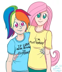 Size: 680x791 | Tagged: safe, banned from derpibooru, deleted from derpibooru, derpibooru import, fluttershy, rainbow dash, human, clothes, cute, humanized, shirt, t-shirt