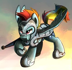 Size: 780x758 | Tagged: dead source, safe, artist:blitzpony, banned from derpibooru, deleted from derpibooru, derpibooru import, rainbow dash, armor, crystal guard armor, jousting, rainbow blitz, rule 63, solo